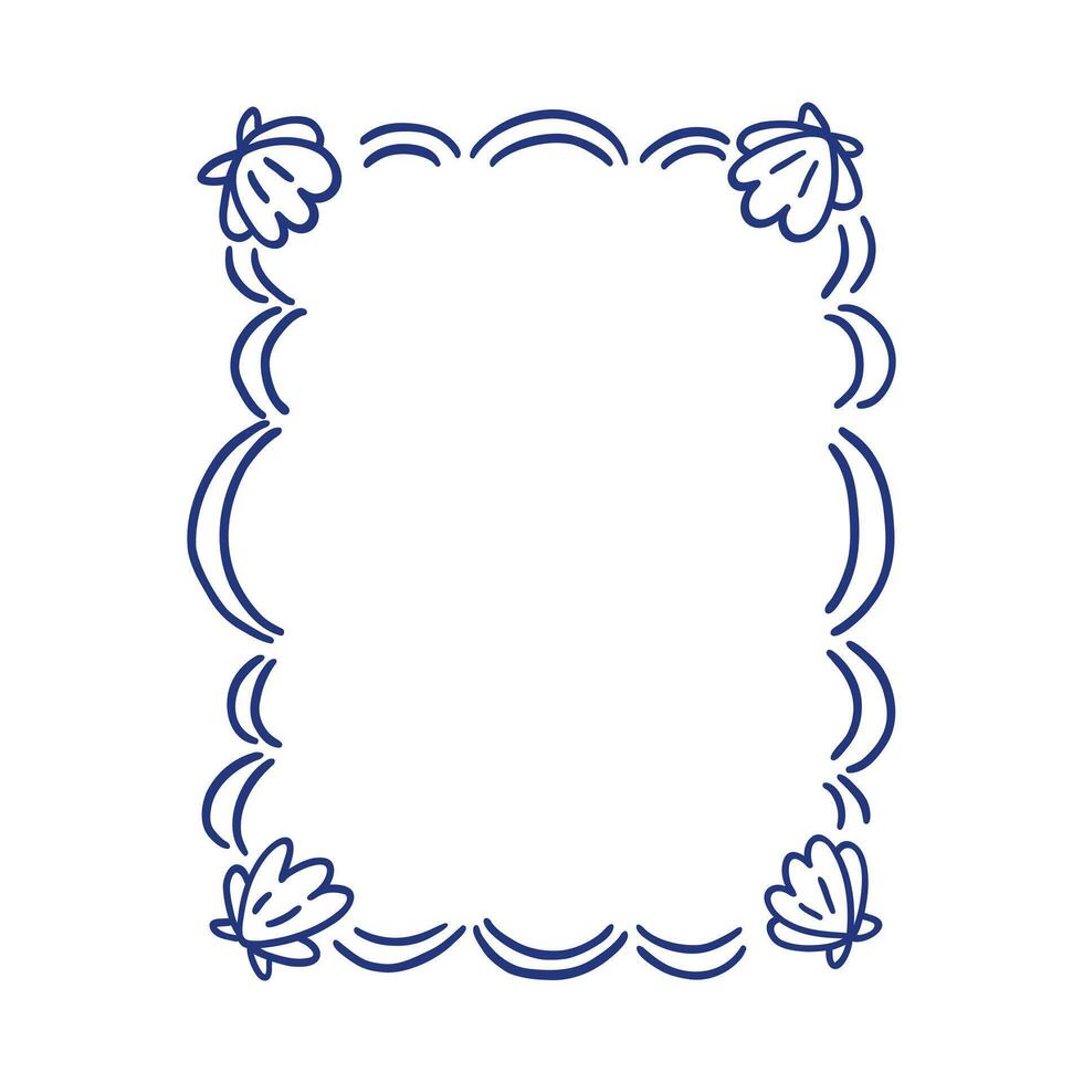 Marine frame of wavy lines, sea shells. Hand drawn blue ink summer holiday border wreath. Vintage sea beach background for greeting cards, wedding, invitations, social media vector