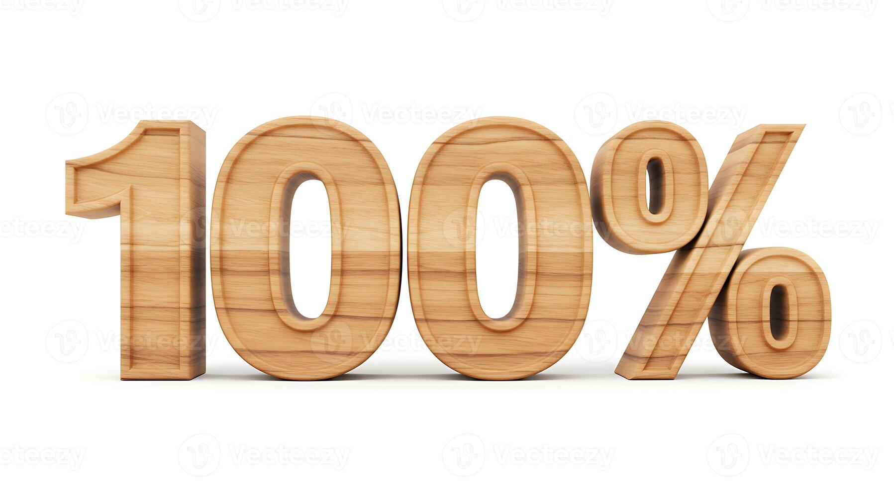 Displaying One Hundred Percent in Wooden Texture Against a White Background photo