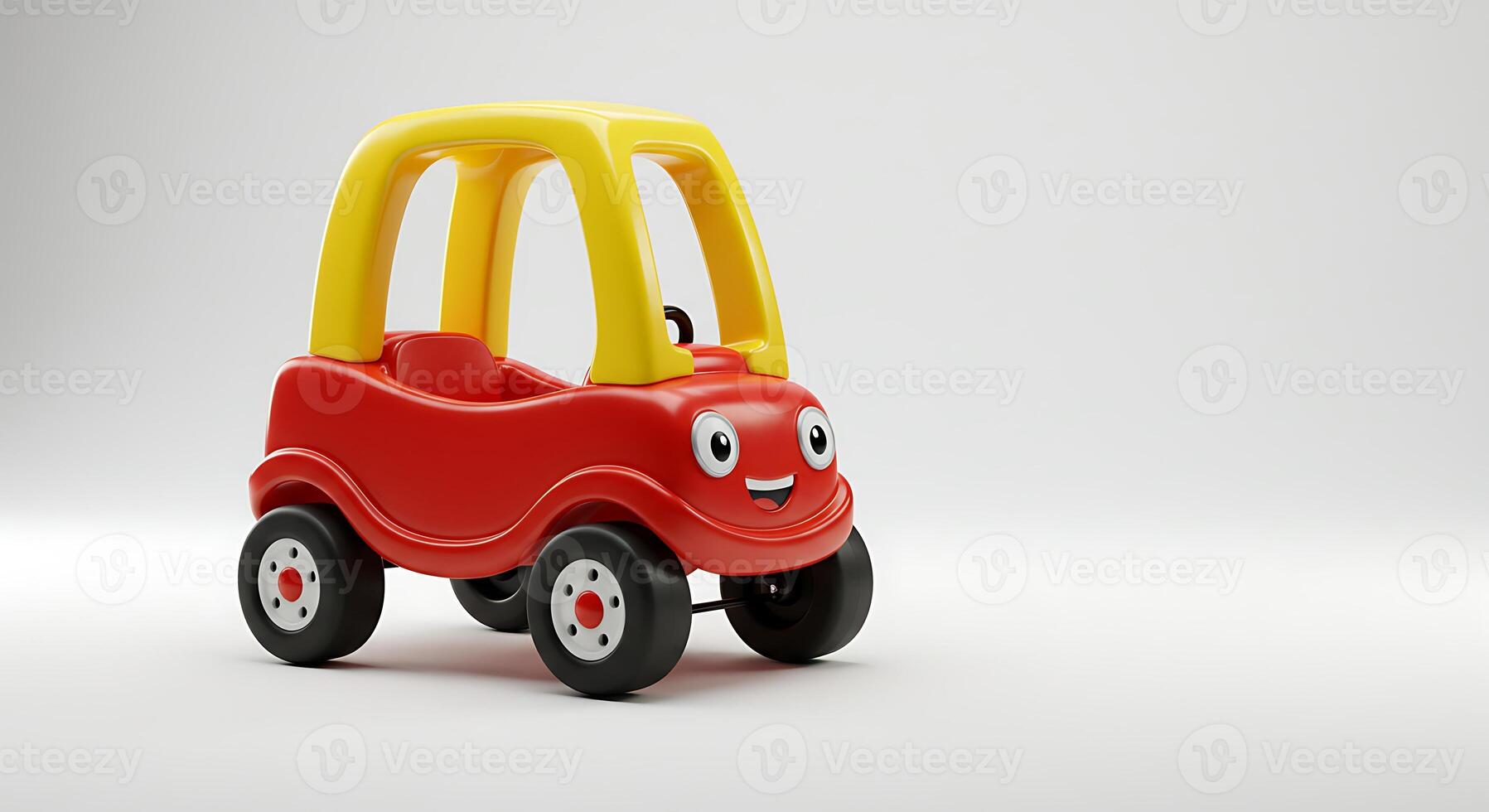 Red Toy Car with Yellow Top Smiling on White Background photo