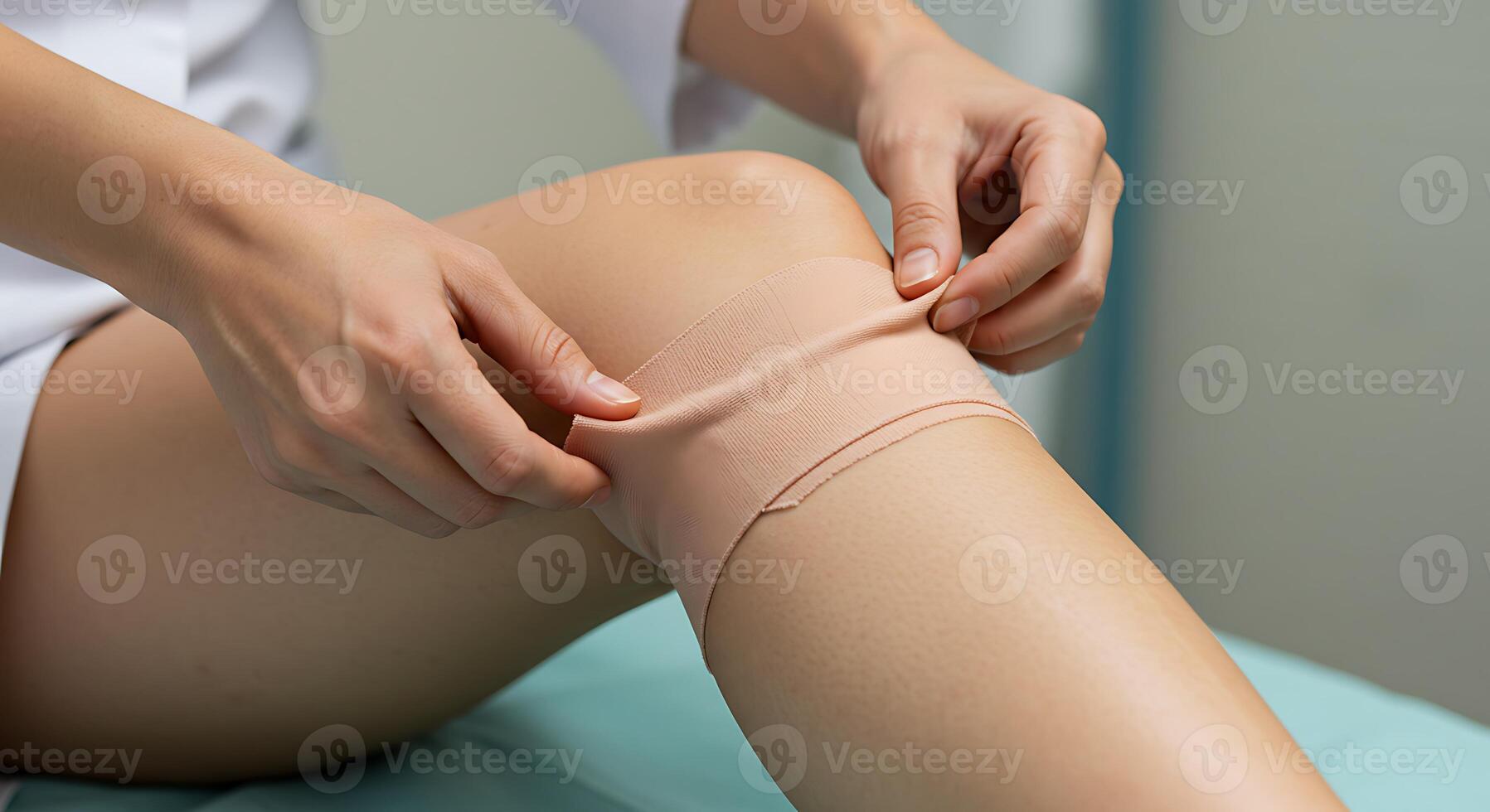 Applying Elastic Bandage to Knee Joint for Support and Recovery photo