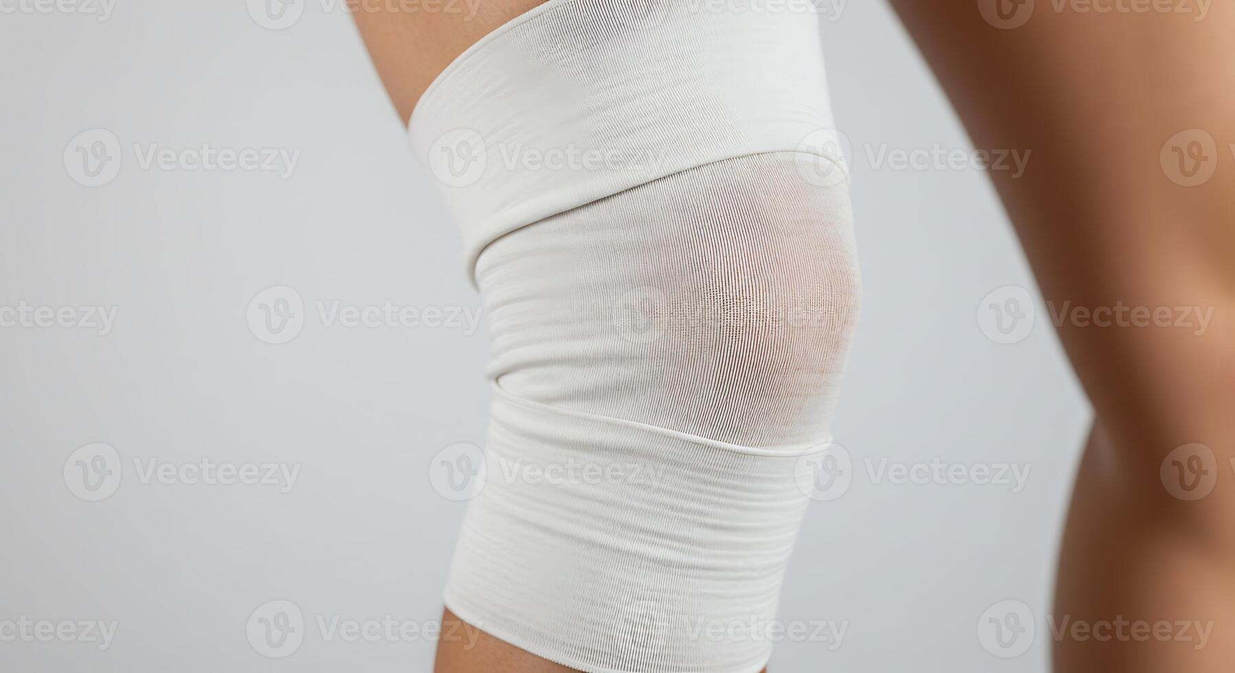 Knee Wrapped with White Bandage for Support and Compression photo