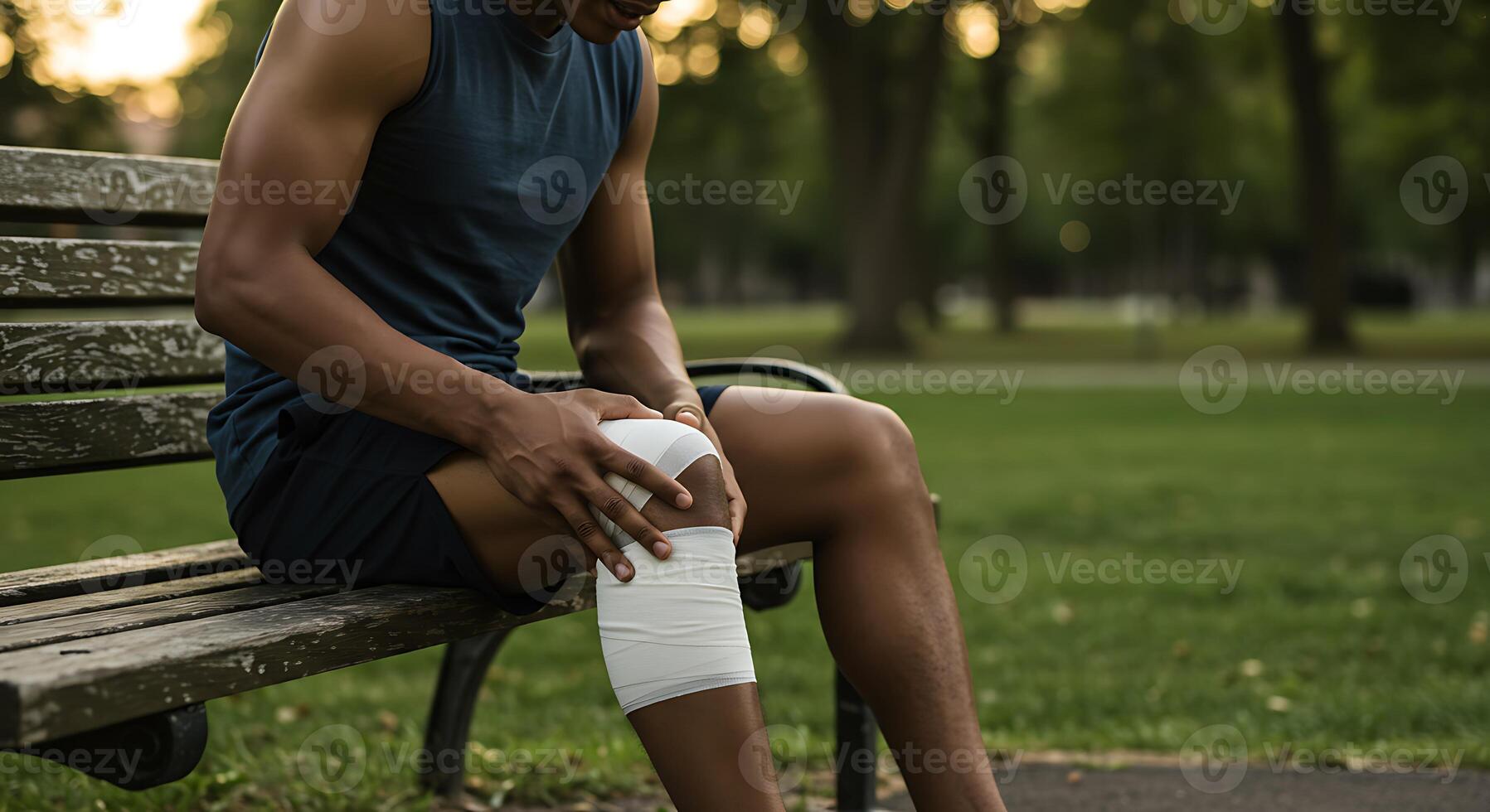 Man Resting with Knee Injury, Applying Bandage on Park Bench photo