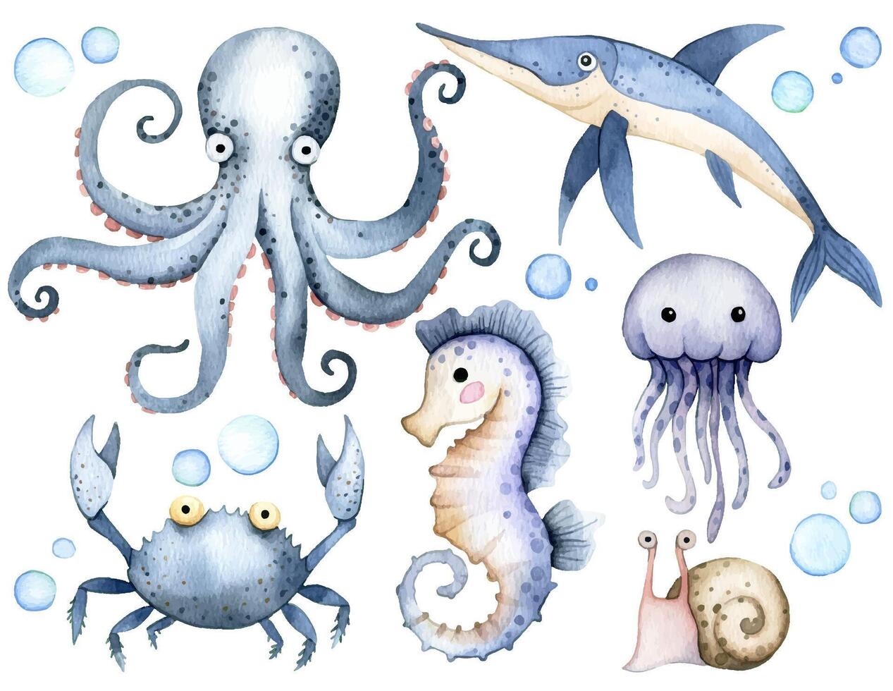 Adorable underwater watercolor illustration. Sea creatures vector
