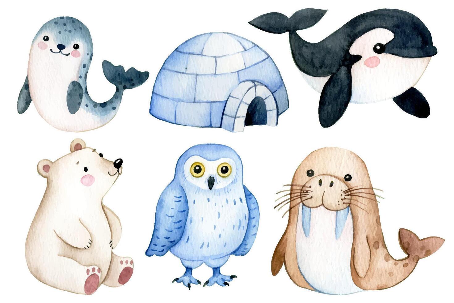 Watercolor illustration for children. Set with cute characters, polar animals. vector