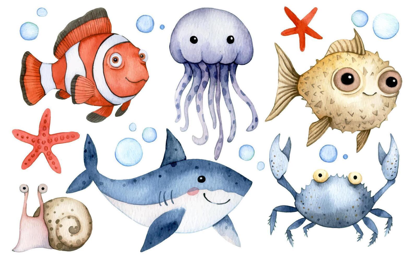 Watercolor Illustration of Cute Sea Creatures. jellyfish, crab, shark, fish vector