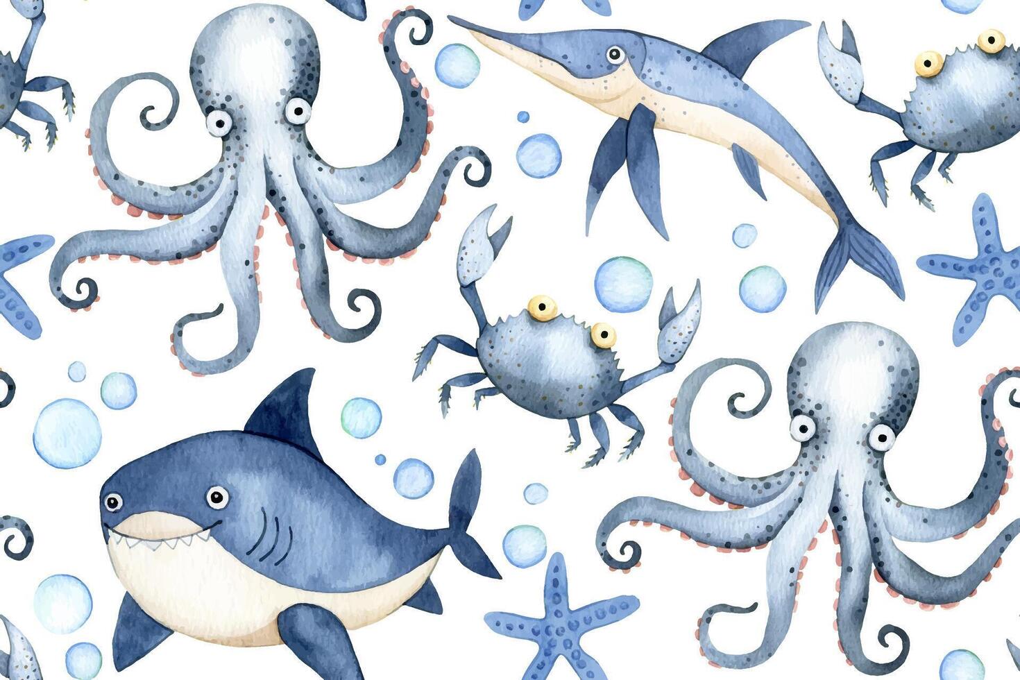 Cute Underwater World Watercolor seamless pattern Fish, octopus, shark and Marine Life print for children vector