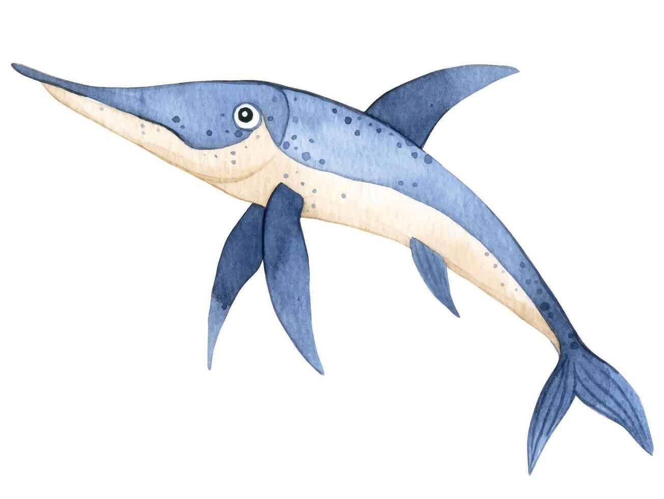 cute character tropical swordfish. watercolor illustration for kids, underwater life vector