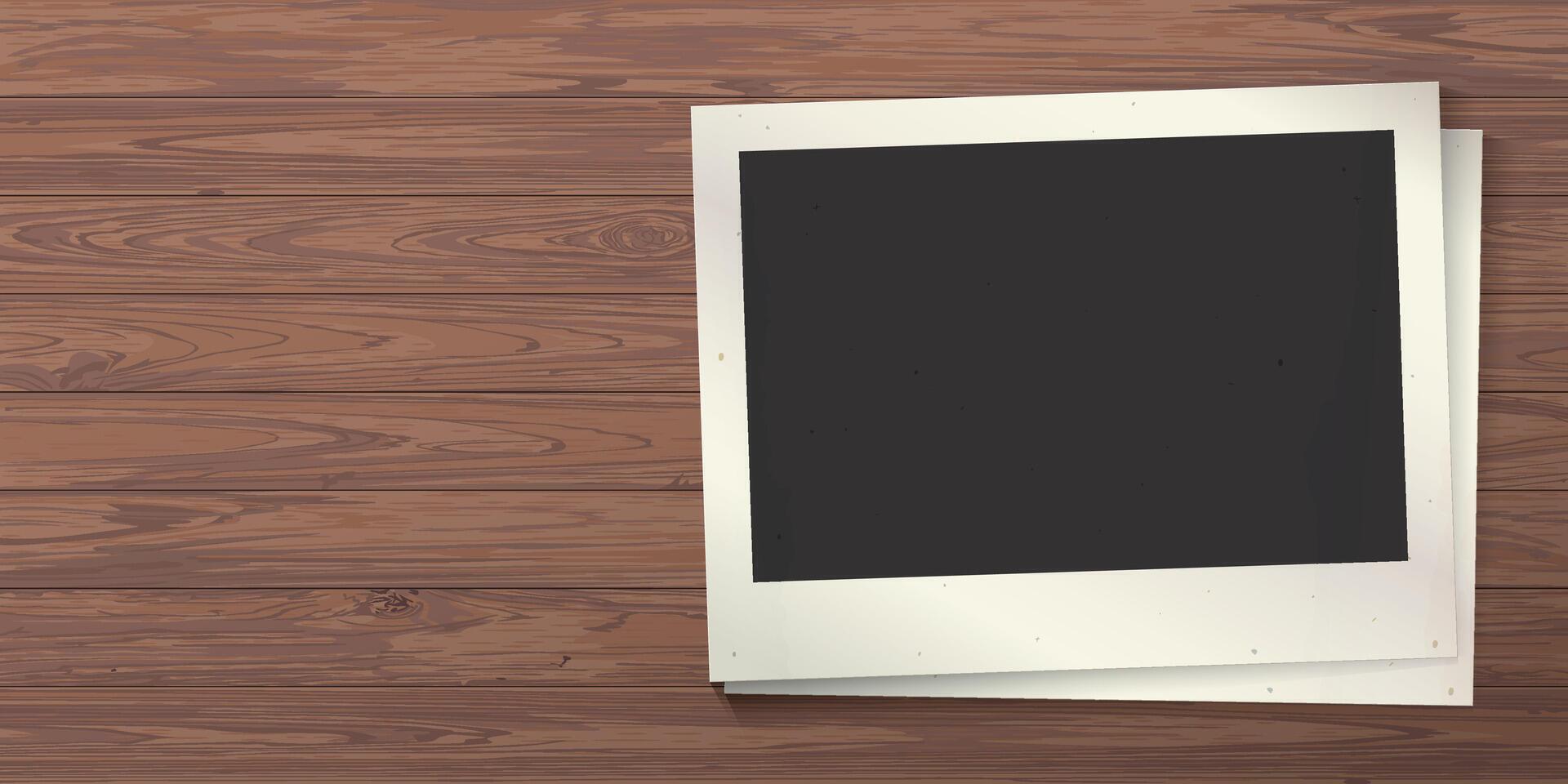 Blank old instant photograph horizontal frames superimposed on wooden background graphic illustration have blank space. vector