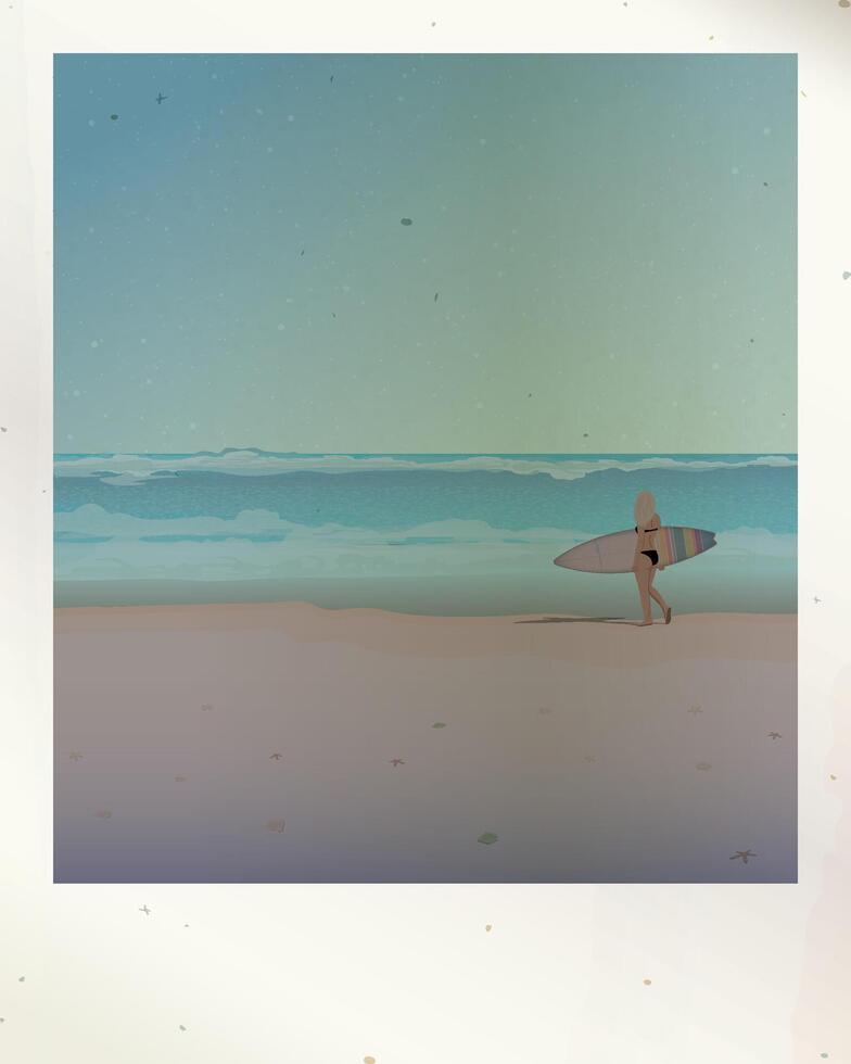 Old photograph of surfer girl with surfboard at the beach with stained effect graphic illustration have blank space. vector