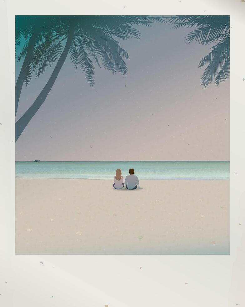 Old polaroid photograph of tropical climate have couple of lover sitting on the beach fade condition with stained effect graphic illustration have blank space. vector