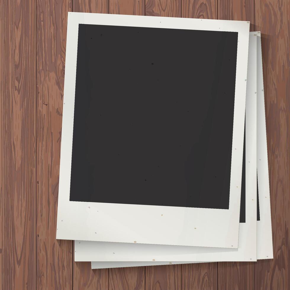 Blank old instant photograph vertical frames superimposed on cut timber panels mocha mousse tone square background graphic illustration. vector