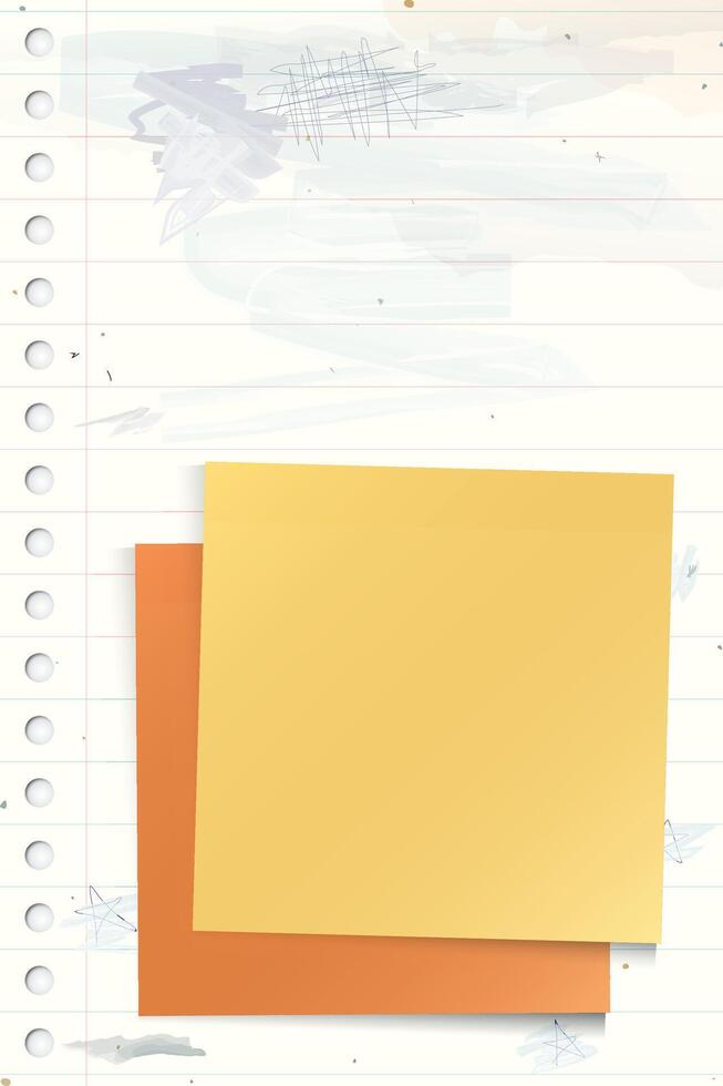 Blank both of sticky notes paper square shape superimposed stick on used old notebook paper vertical background with stained effect graphic illustration. vector