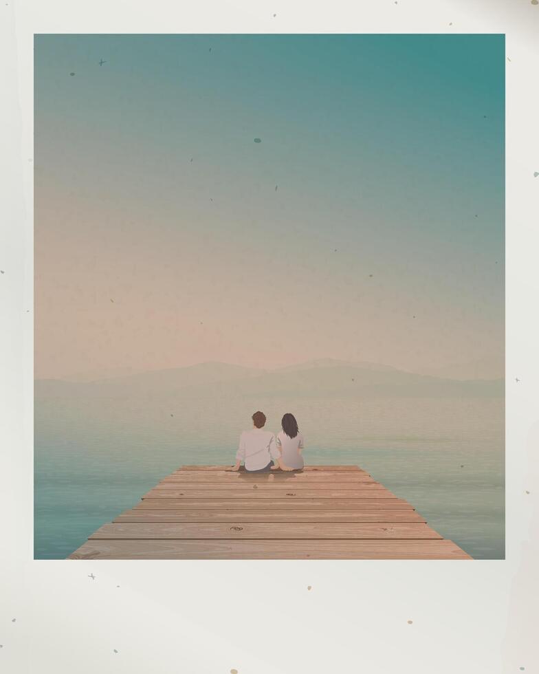 Old photo of minimalist seascape with couple of lover sitting on wooden pier have mountain ranges and blue sky background with stained effect graphic illustration. vector