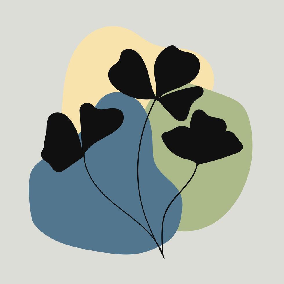 Abstract Floral Illustration with Black Clover Silhouettes on Pastel Background vector