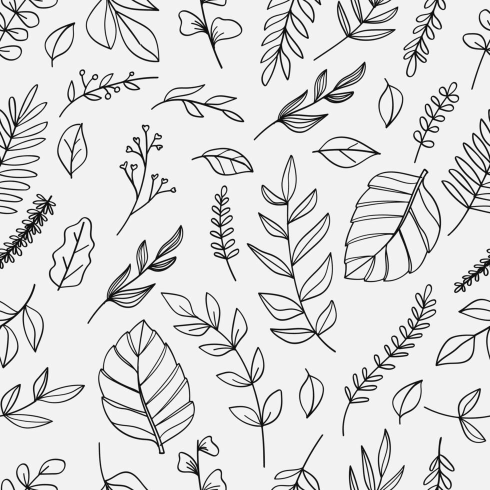 Seamless pattern botanical leaves line art isolated on white background. vector