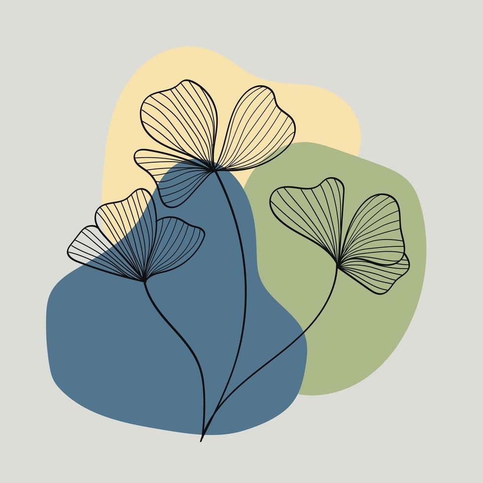 Boho botanical art illustration, Beige ,blue and green abstract line art.Abstract aesthetic art. vector
