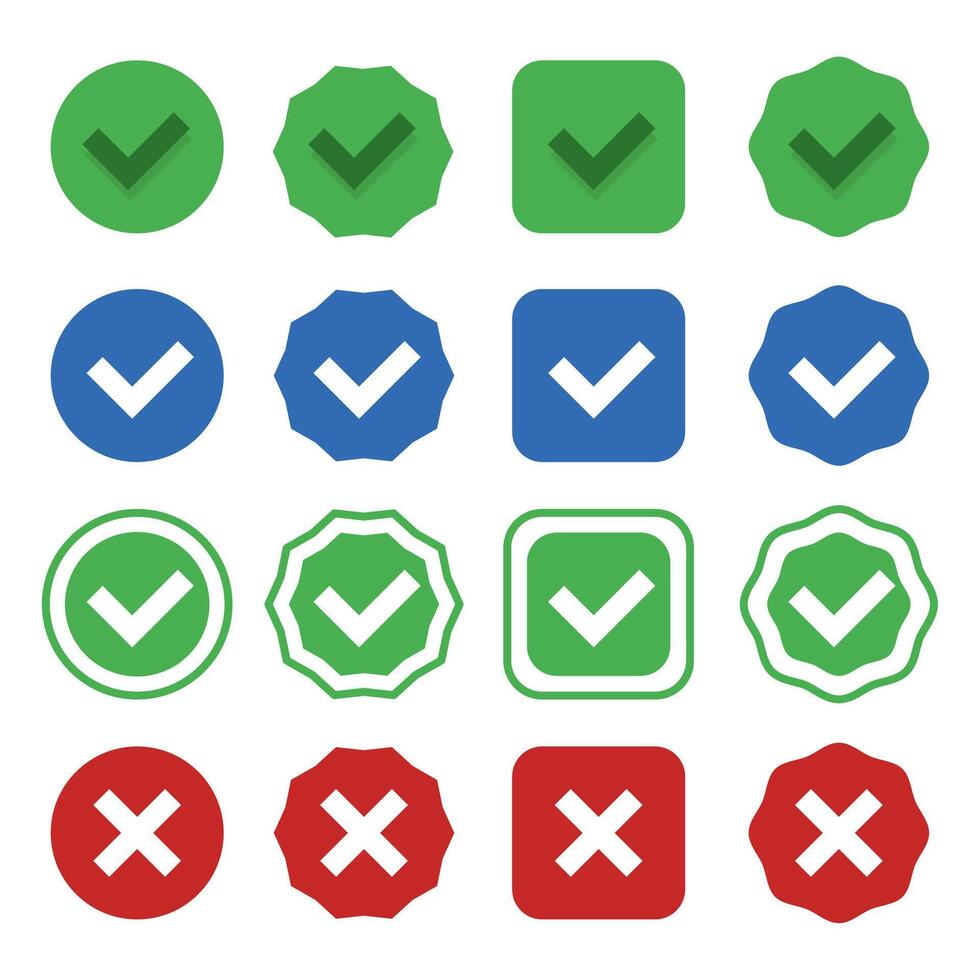 Checkmark icons blue,green,black and red right and wrong choices on isolated white background. Check mark true and false symbol tick sign. vector
