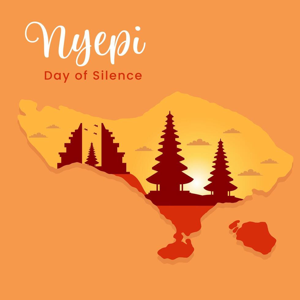 Nyepi Day.Balinese Day of Silence Greeting.Featuring the silhouette of Bali island with a traditional temple gate and a serene sunset. vector