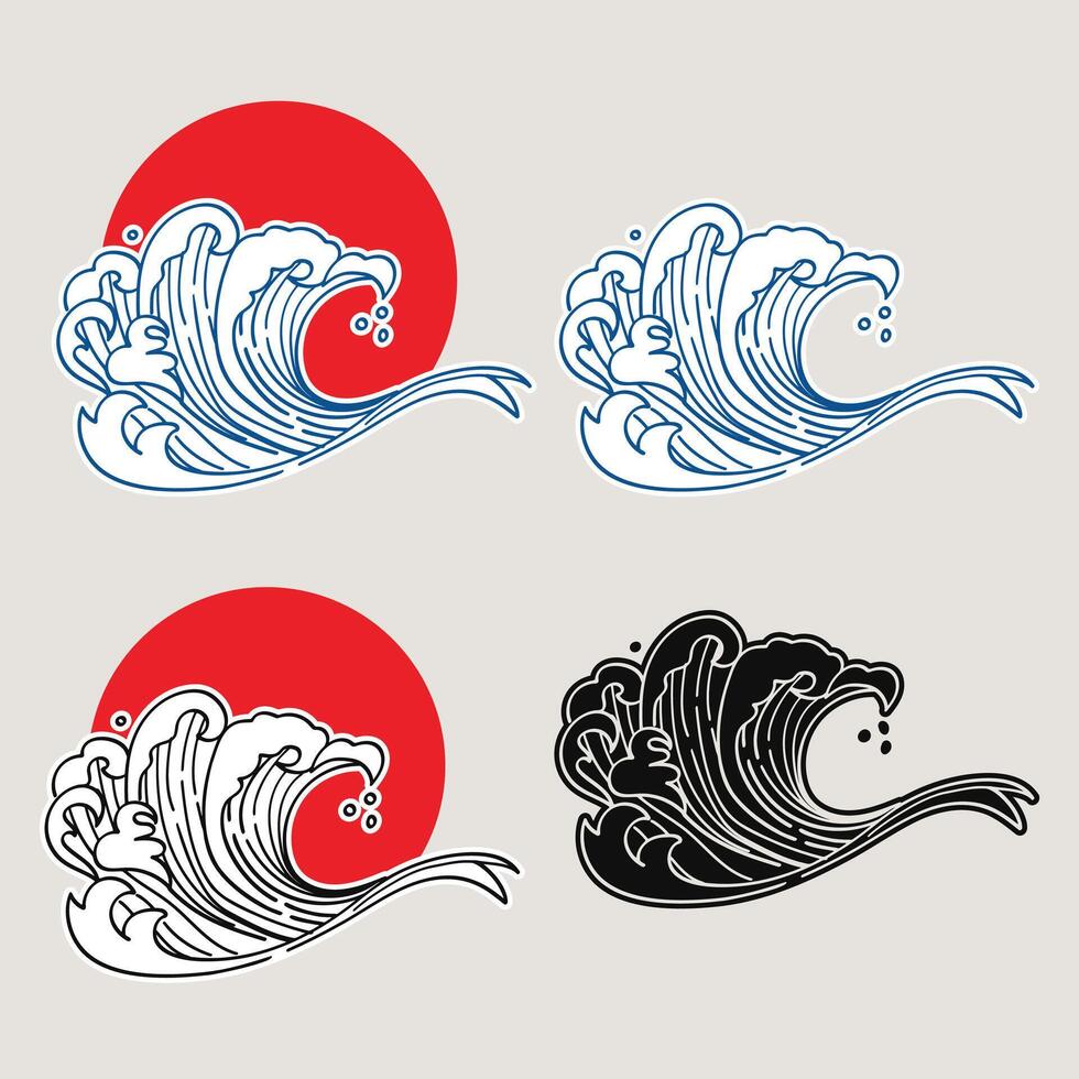 Japanese Wave Illustration with Rising Sun collection. Illustration. vector