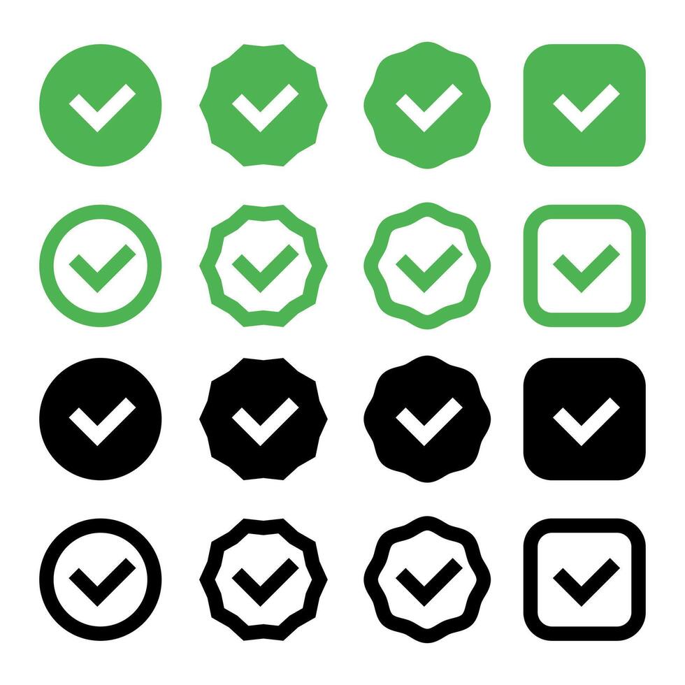 Checkmark icon. Green and black checkmark set. Checked check box sign. vector