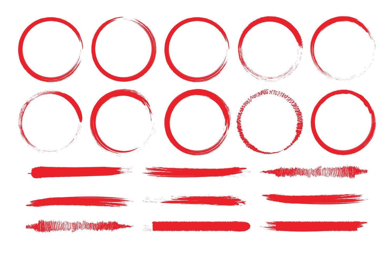 Japanese round brushstrokes. Red color. Straight distress long lines set. Chinese black zen calligraphy elements.Abstract illustration. vector