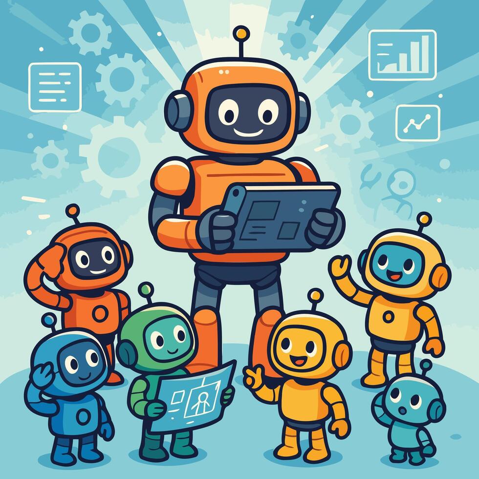 Happy Robots Working with Charts, Tablets, and Digital Designs in a Fun Tech Environment vector