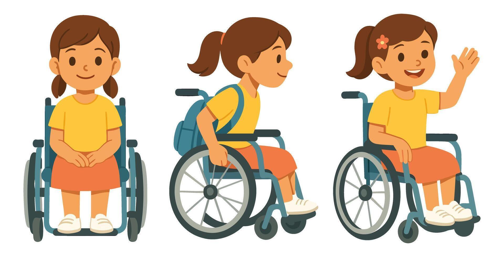 Smiling Girl in a Wheelchair with Yellow T-shirt, Character Set for Disabled Illustration vector