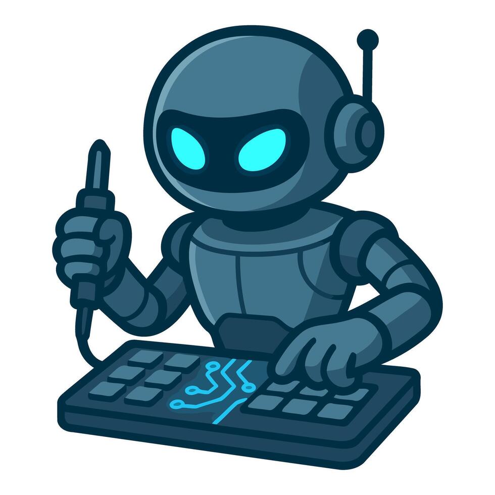 Robot Programmer Using Keyboard and Cable for Digital Tasks vector