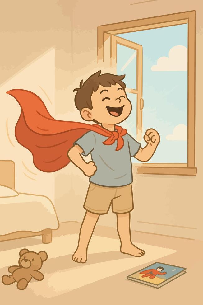 Happy Boy Pretending to Be a Superhero in Bedroom with Red Cape Cartoon Style vector