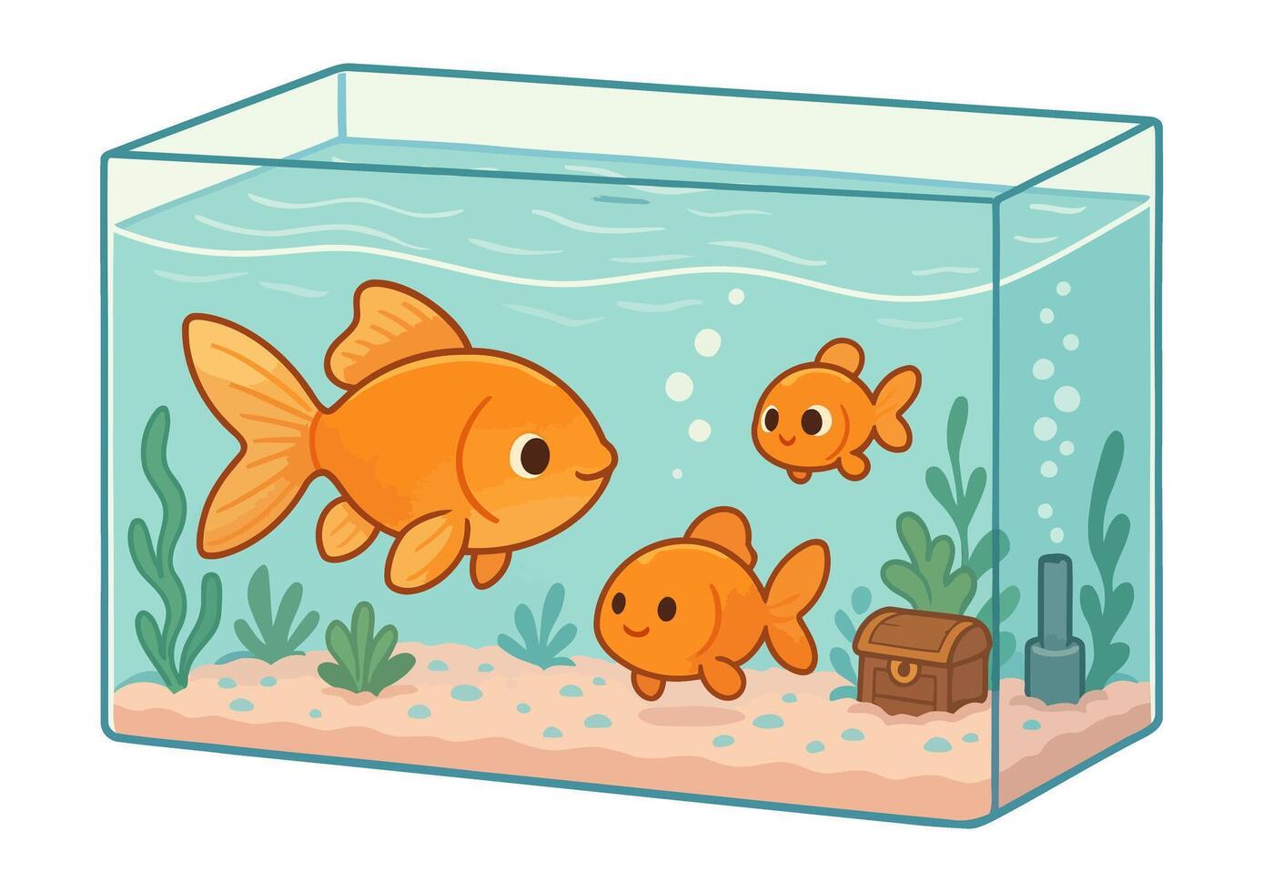 Colorful Aquarium Scene with Happy Goldfish, Plants, and a Treasure Chest vector