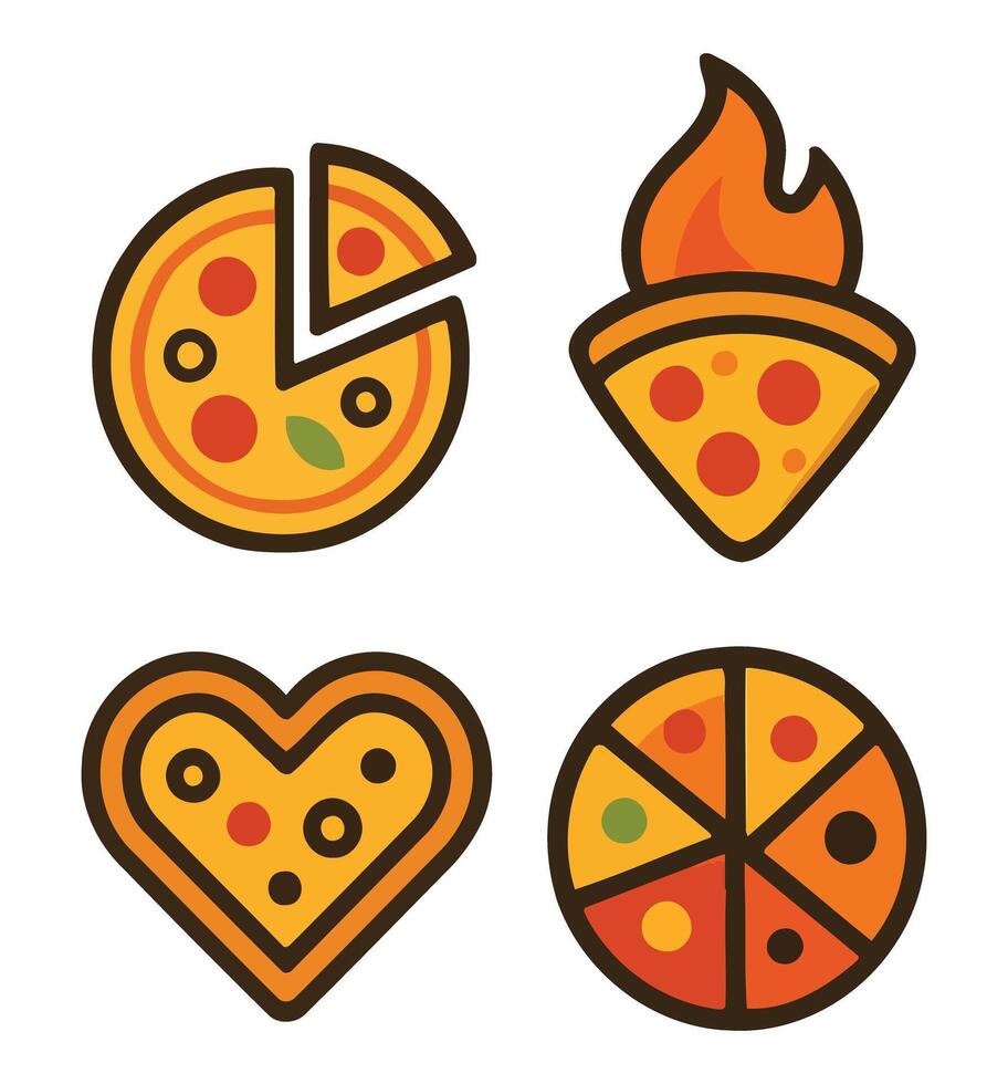 Set of Cute Pizza Icons with Heart, Slice, and Fire Elements vector