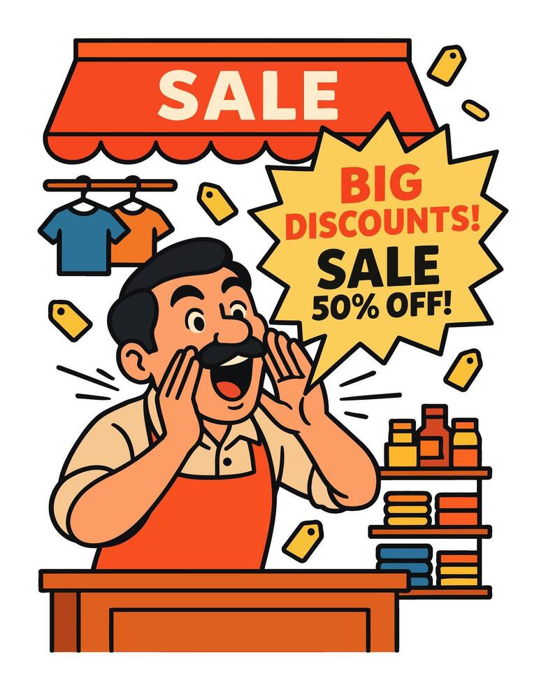 Promotional discount poster featuring shouting man with sale tags speech bubble and storefront vector