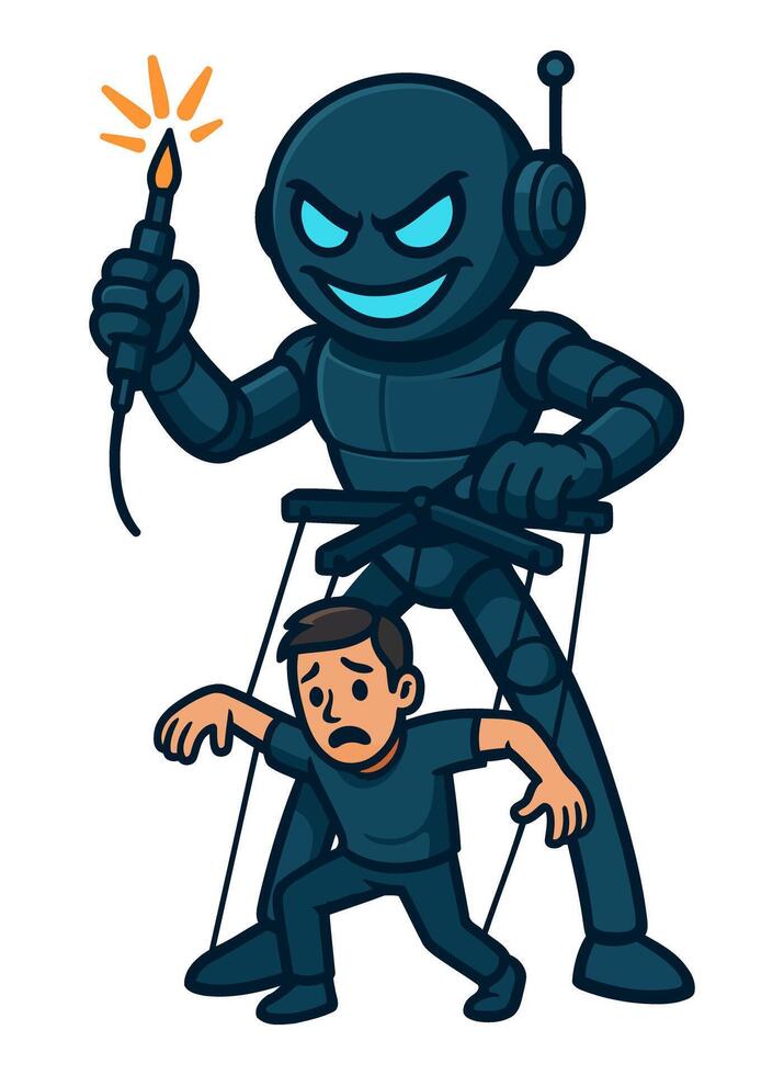 Robot Puppet Master Holding Wires to Control a Human with an Evil Smile vector