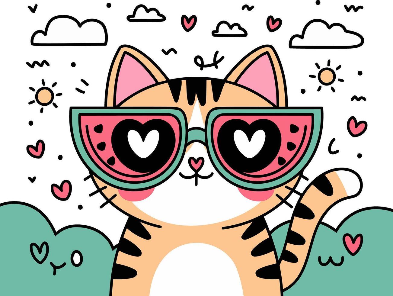 Adorable Cat Illustration with Heart-Shaped Watermelon Glasses and Summer Vibes vector