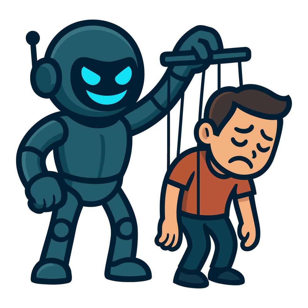 Robot Controlling a Human with Puppet Strings in a Depressed Cartoon Illustration vector
