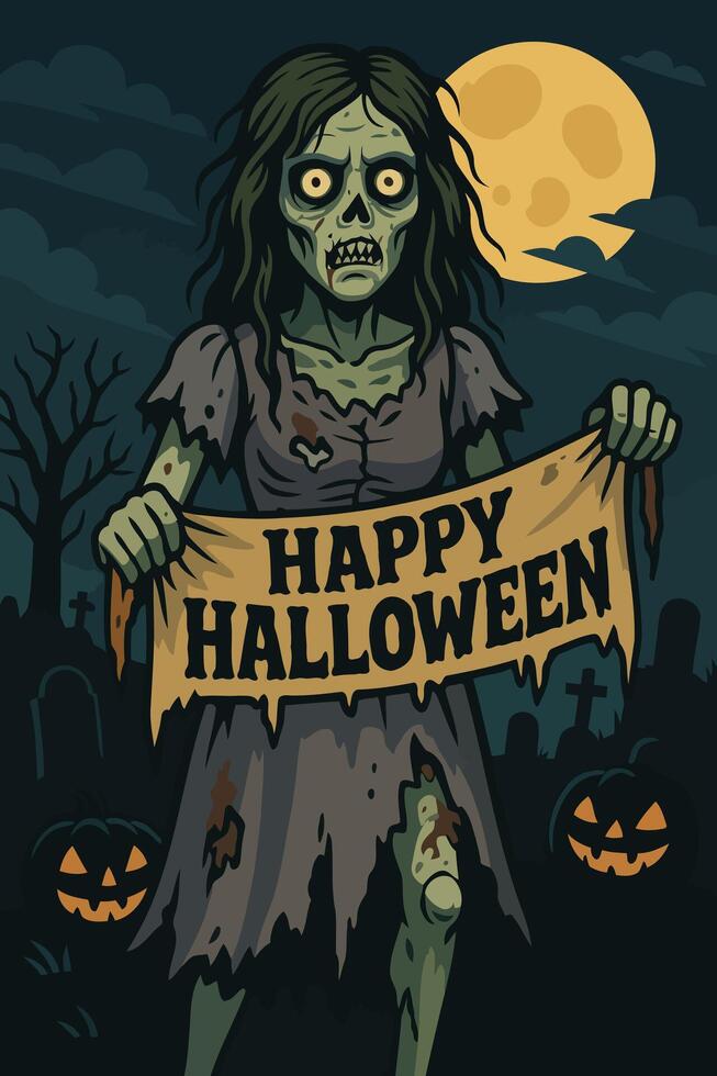 Spooky Halloween Zombie Holding Happy Halloween Sign in Graveyard with Full Moon and Pumpkins vector