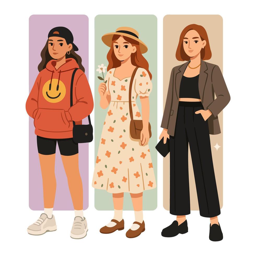 Three Fashionable Young Women Representing Various Styles and Trends vector