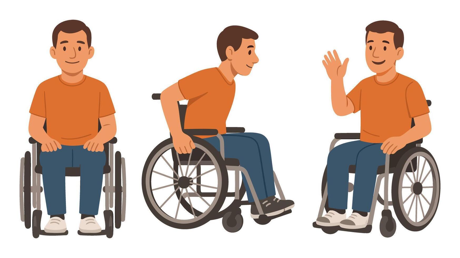 Friendly male character using wheelchair in casual clothing illustration set vector