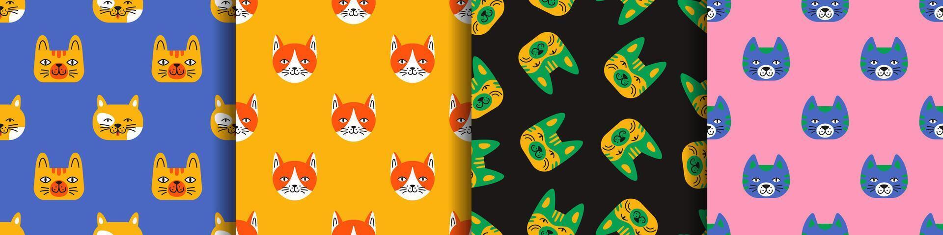 Whimsical colorful collection of seamless patterns with fluffy cat faces. Simple bright happy kitten heads prints set for textiles wrapping paper and socks design. Cheerful animals. vector