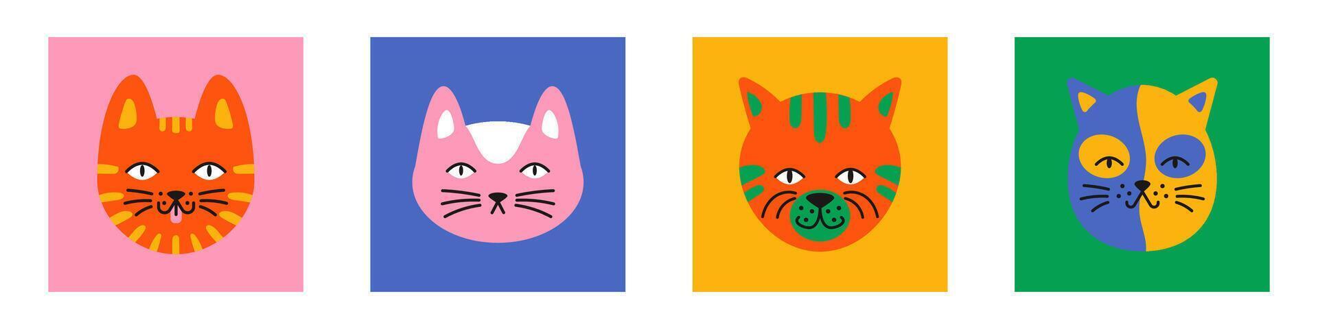 playful set of colorful cat head avatars in flat cartoon style. Cute, funny and smiling kitten illustrations work perfectly for cards, posters, and pet themed designs. vector