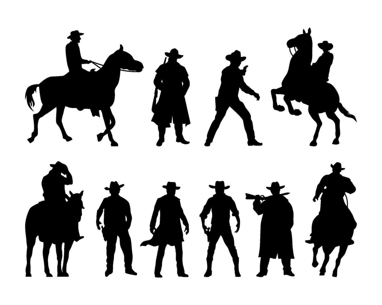 set of cowboy illustration black silhouette vector
