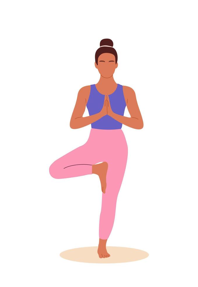 Happy woman standing in Tree pose and meditating vector