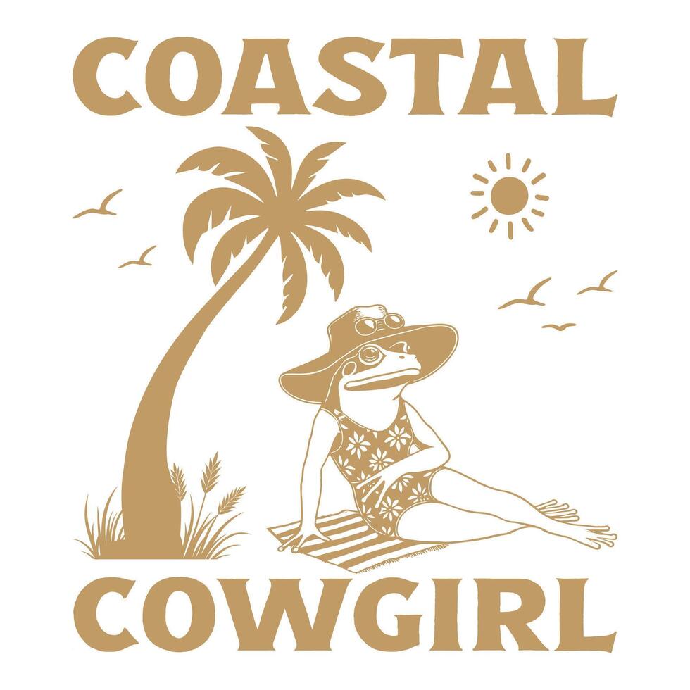 Coastal Cowgirl frog Typography T-shirt , Funny Animal Vintage Design, Retro frog Illustration vector