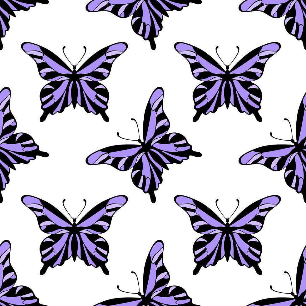 Pattern with purple butterflies, hand drawn outline butterflies, on white background. vector