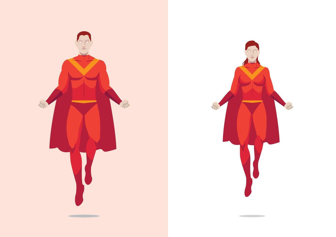 superhero couple male and female in red costume and robe floating show strength template to be customized vector