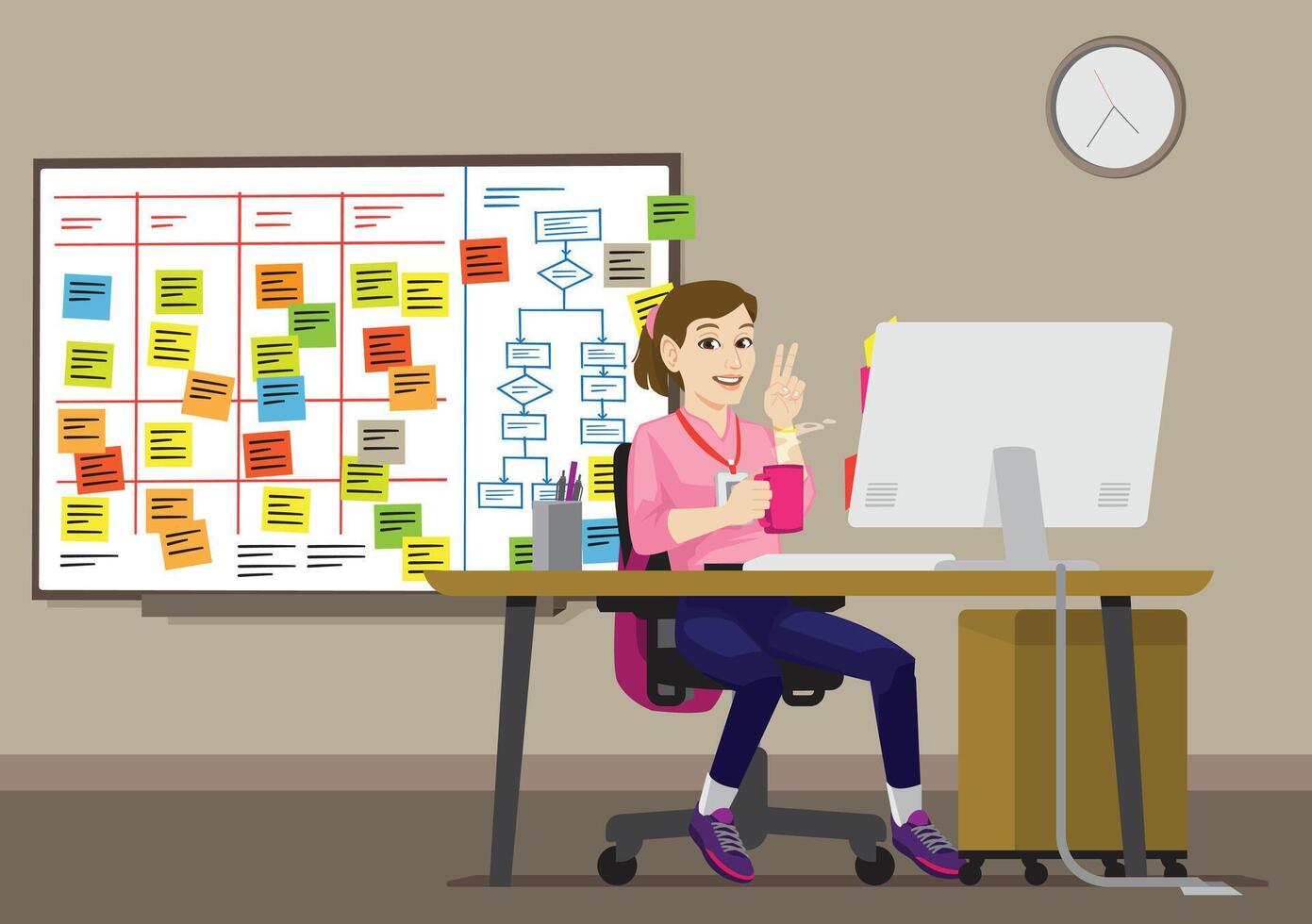 young working girl take a break drink coffee on her desk after finish task vector