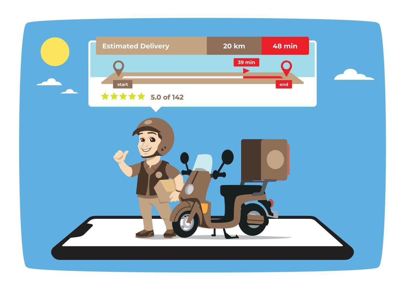 delivery man with motorbike and delivery app vector