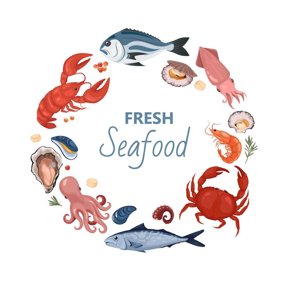 Round frame cartoon set ocean seafood. Shrimp or crab, different fish. Culinary delicacies ingredients. Seafood vector