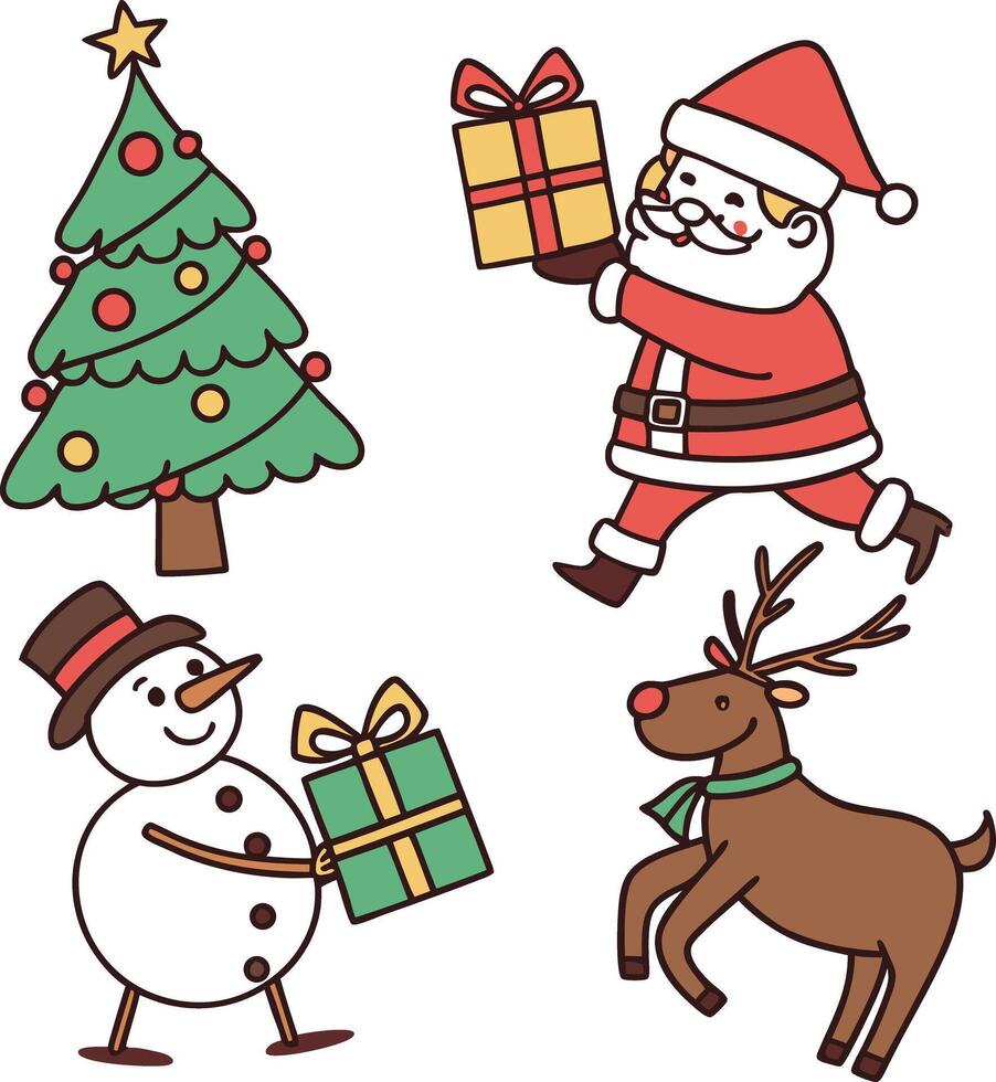 santa claus, reindeer and snowman with gifts vector