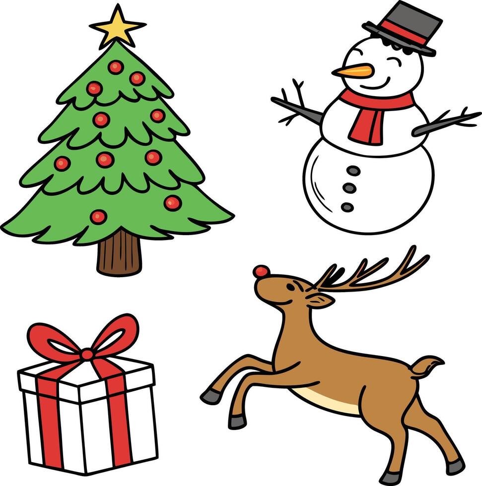 christmas clipart set with snowman, reindeer and tree vector